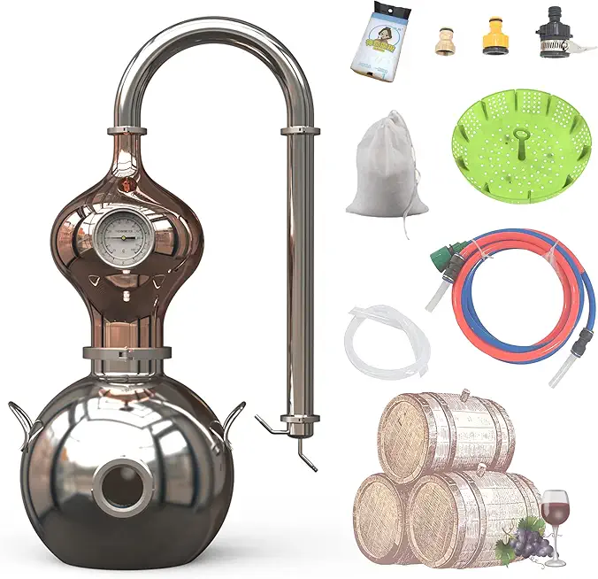D15 Distiller Still for Home Use Kit 304 Stainless Steel Making Kit with Thermometer Hydrosol Essential Oil Alcohol Brandy Vodka 4Gal (D15-12Liters/3Gal -Direct fire heating)