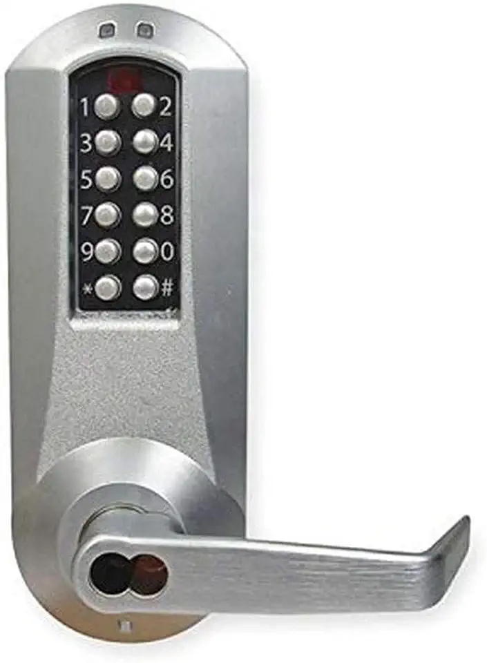 Kaba E-Plex 5000 Series Cylindrical Electronic Pushbutton Lock, Interior Combination Change, 13mm Throw Latch, Floating Face Plate, 70mm Backset, Winston Lever, Satin Chrome Finish