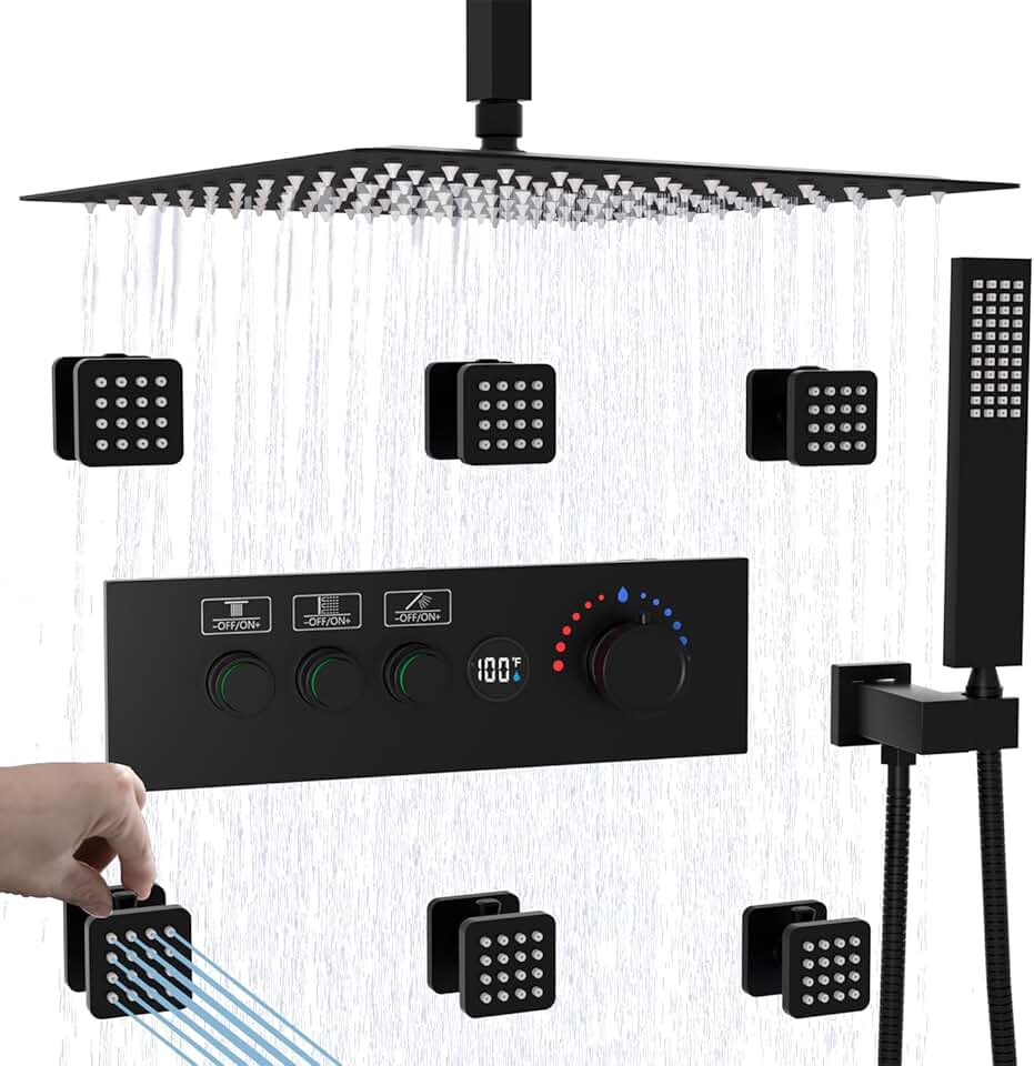 Temperature-Display Shower System with Body Jets, 16 Inch Rainfall Shower with Push-button Thermostatic Valve and Independent Flow Control, Matte Black