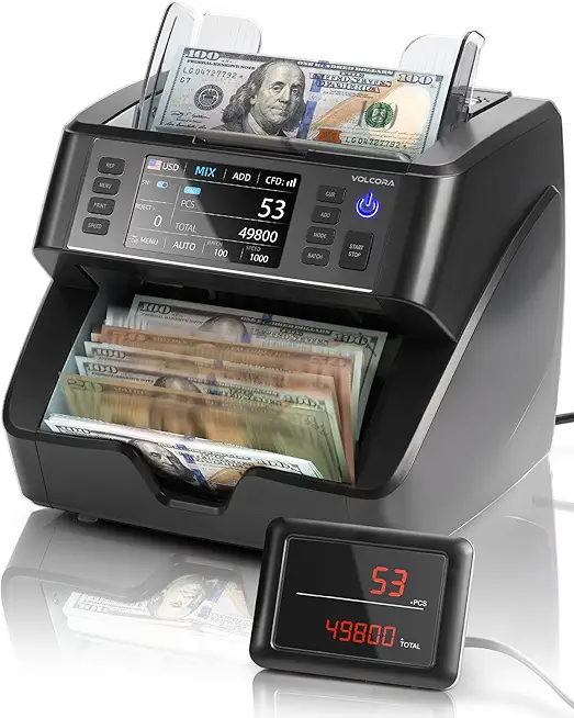 Volcora Bank Grade Money Counter Machine Mixed Denomination Value Counting with External Display, Multi Currency Bill Counter Machine with 4.5” Touch Screen, 2CIS/UV/MG/MT/IR Counterfeit Detection
