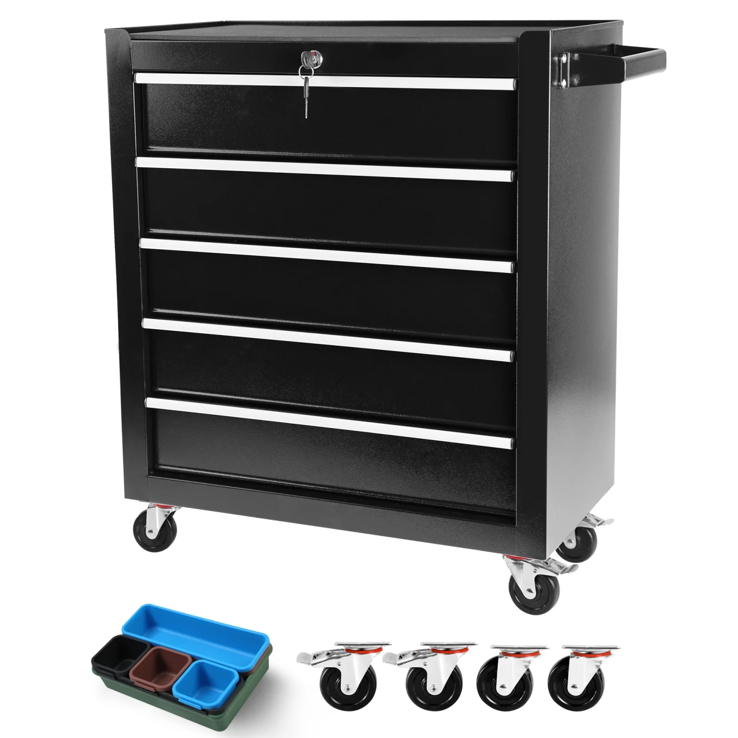 Black Rolling 5-Drawer Tool Chest Cabinet with Wheels and Tool Box Organizer for Garage Warehouse Workshop storage.