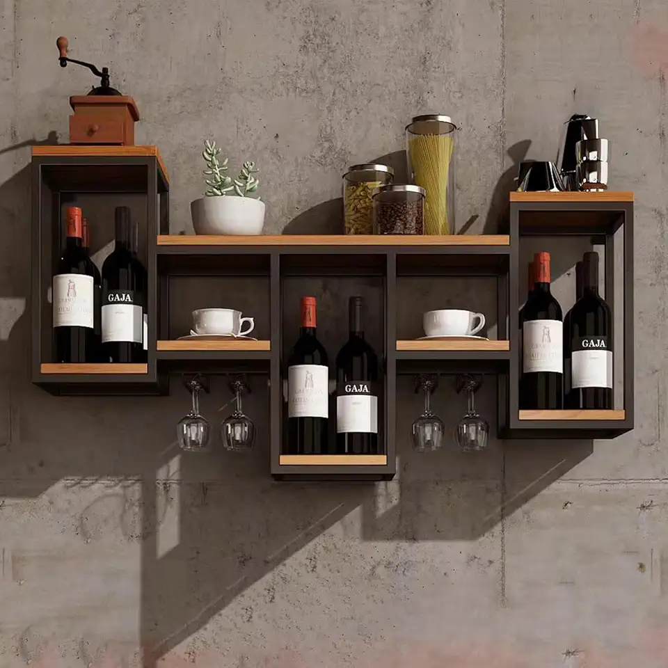 Industrial Floating wine glass holder wall mounted Multifunctional bar bottle display shelf Metal Wine Rack Modern With solid wood laminate Iron Wine Shelf With Wine Glass Holder For Home Bars