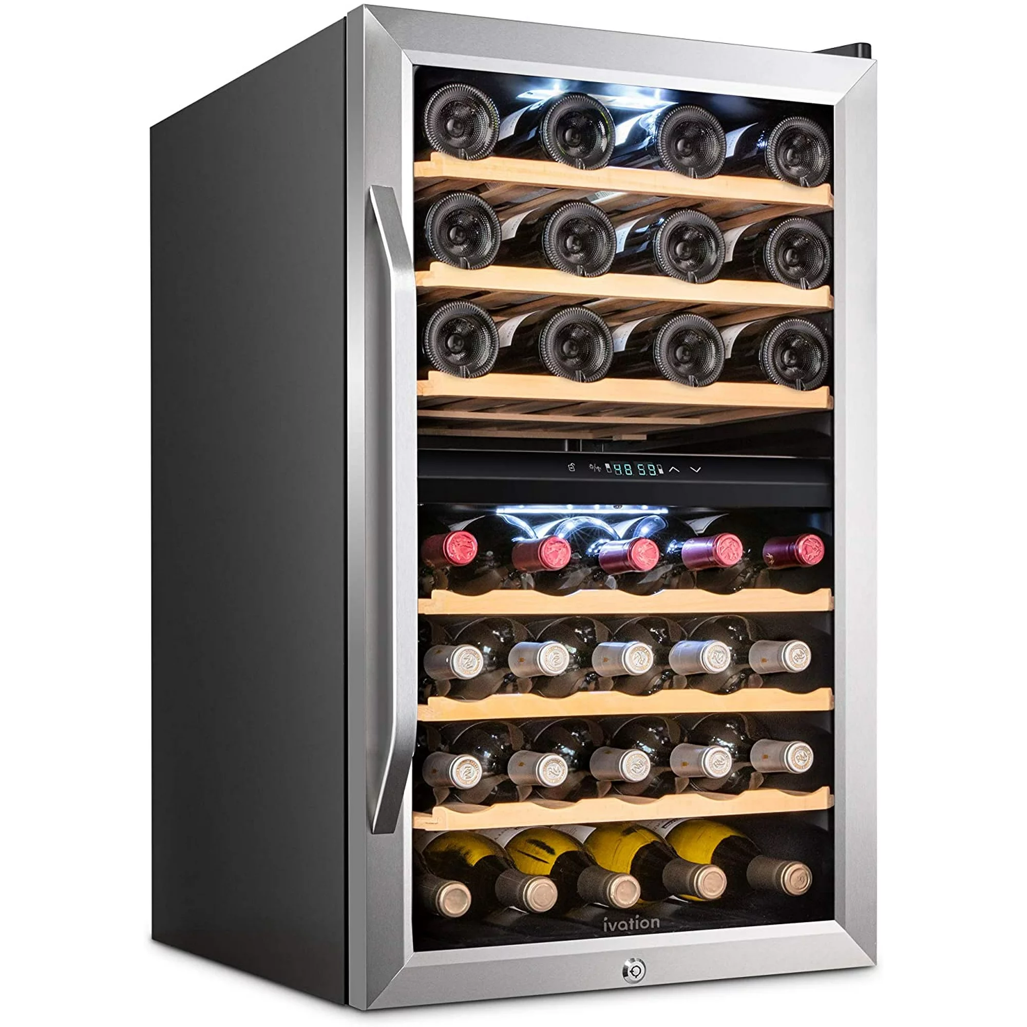 Ivation, 43 Bottle, Dual Zone Compressor, One Door Refrigerator W/ Lock, Silver