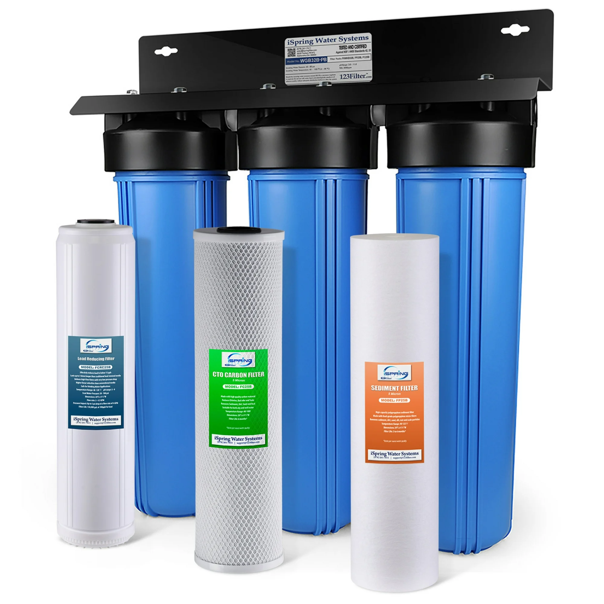 iSpring WGB32B-PB 3-Stage Whole House Water Filtration System w/ 20-Inch Sediment, Carbon Block, and Lead Reducing Filter
