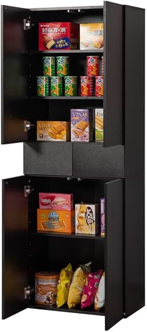 67-Inch Multi-Functional Kitchen Pantry Cabinet with 4 Doors, 3 Adjustable Shelves, 2 Cabinets with 1 Drawer – Elegant Freestanding Farmhouse Storage for Kitchen, Dining and Living Room (Black)