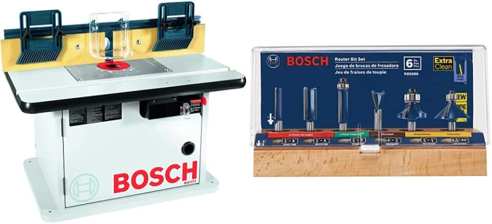 BOSCH Cabinet Style Router Table RA1171 and RBS006 1/4-Inch Shank Carbide-Tipped Multi-Purpose Router Bit Set, 6-Piece