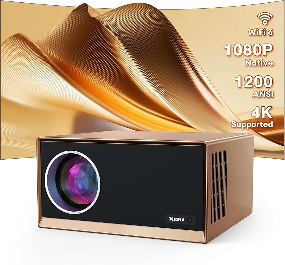 Projector With WiFi6 And Bluetooth 5.3,XIDU 1200 ANSI FHD 1080P Outdoor Movie Projector Support 4K,Home Theater Bluetooth Projector,Compatible with HDMI/USB/Laptop/iOS/Android/TV Stick/DVD