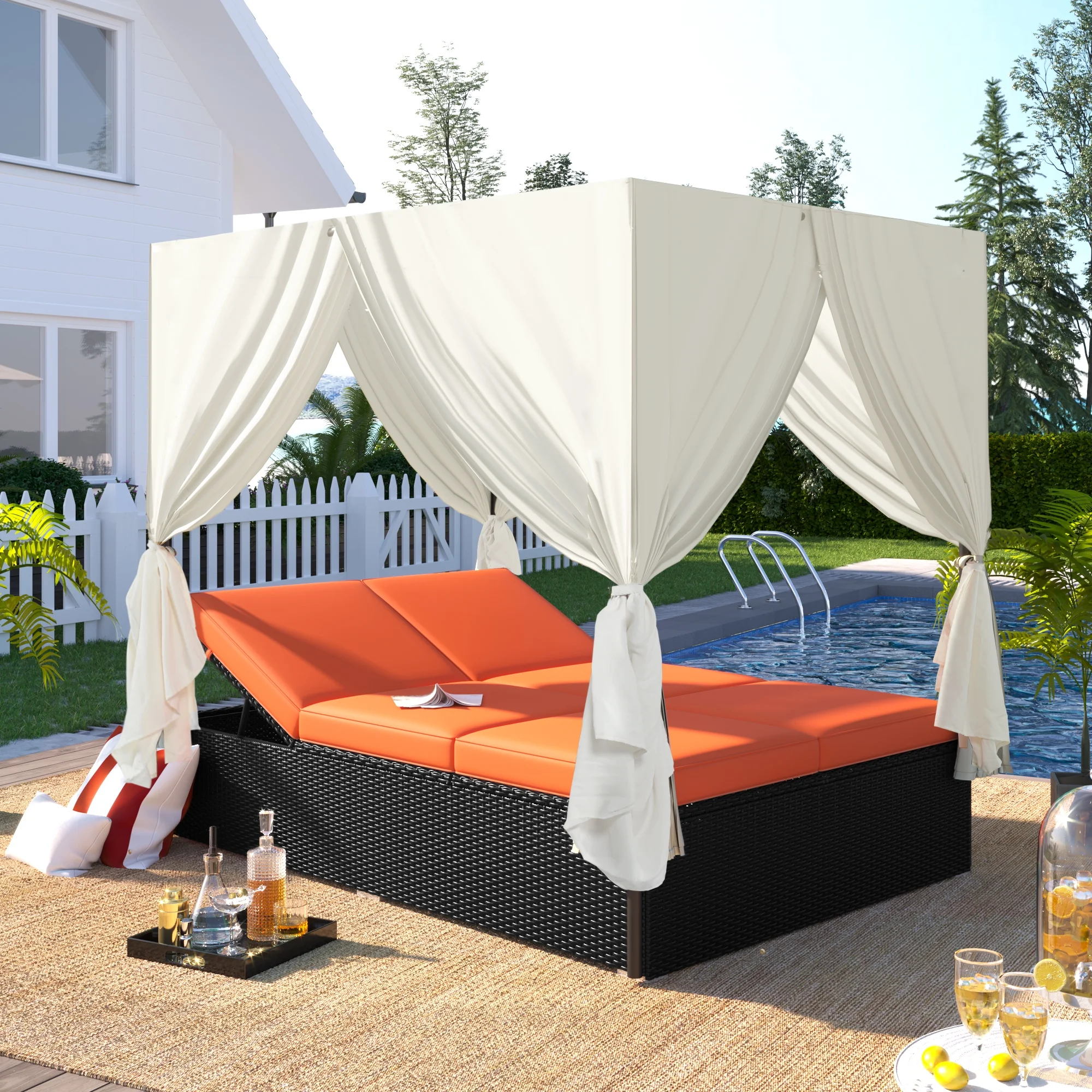 Outdoor Daybed, Patio PE Rattan Daybed with Four-Sided Canopy and Overhead Curtains, Seating Sofa Set w/Adjustable Seat and Cushions, Wicker Furniture Set for Poolside Backyard Garden Lawn