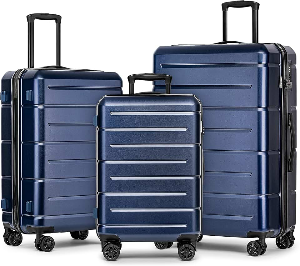 KYME Hard Shell 3 Piece Luggage Sets with Cup Holder,Travel Lightweight Suitcase Sets with Spinner Wheels & TSA Lock,Navy Blue