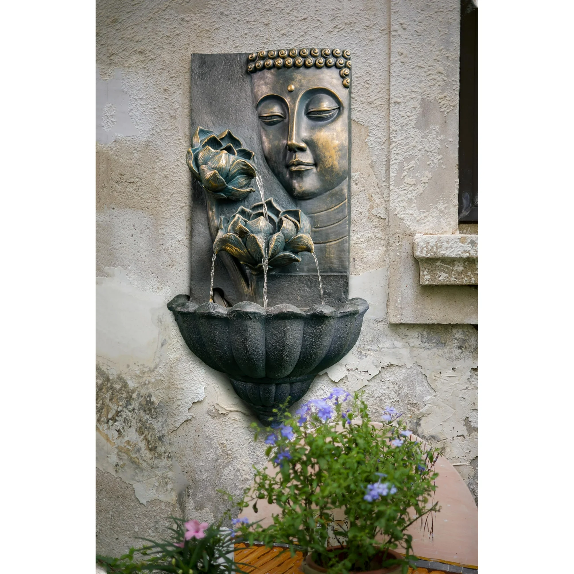Outdoor Cascading Lotus Buddha Face Zen Water Fountain Buddha statue wall fountains. 32.3 Inch Tall