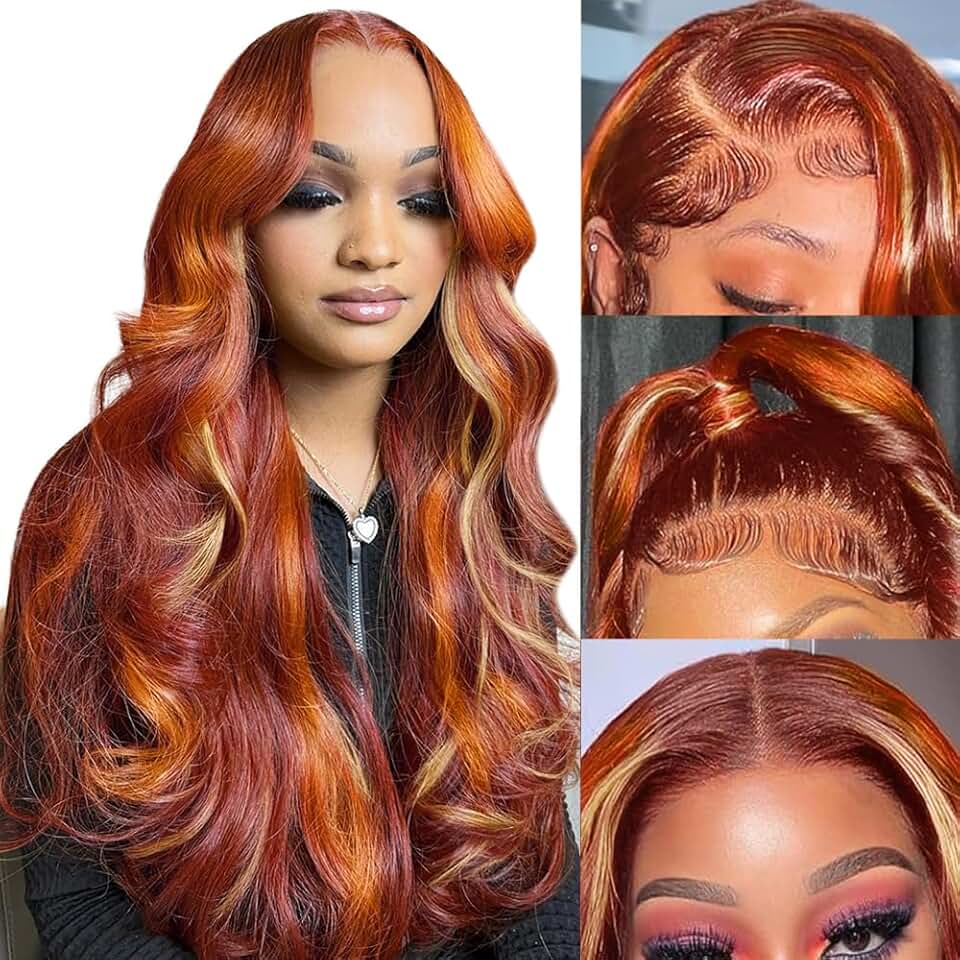 FTQZKEY Burgundy Ginger Blonde Highlight Wig Human Hair 13X4 HD Lace Front Human Hair Wigs Pre Plucked with Baby Hair 180% Density Blonde Burgundy Highlights Wig Body Wave Lace Front Wig 32Inch