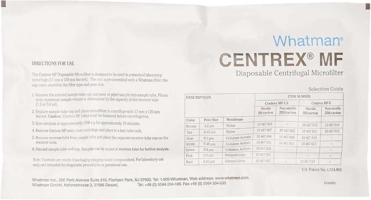 Whatman 10467007 Nylon Centrex Centrifuge Filter, Sterile, 1.5mL Capacity, 0.45 Micron (Pack of 50)