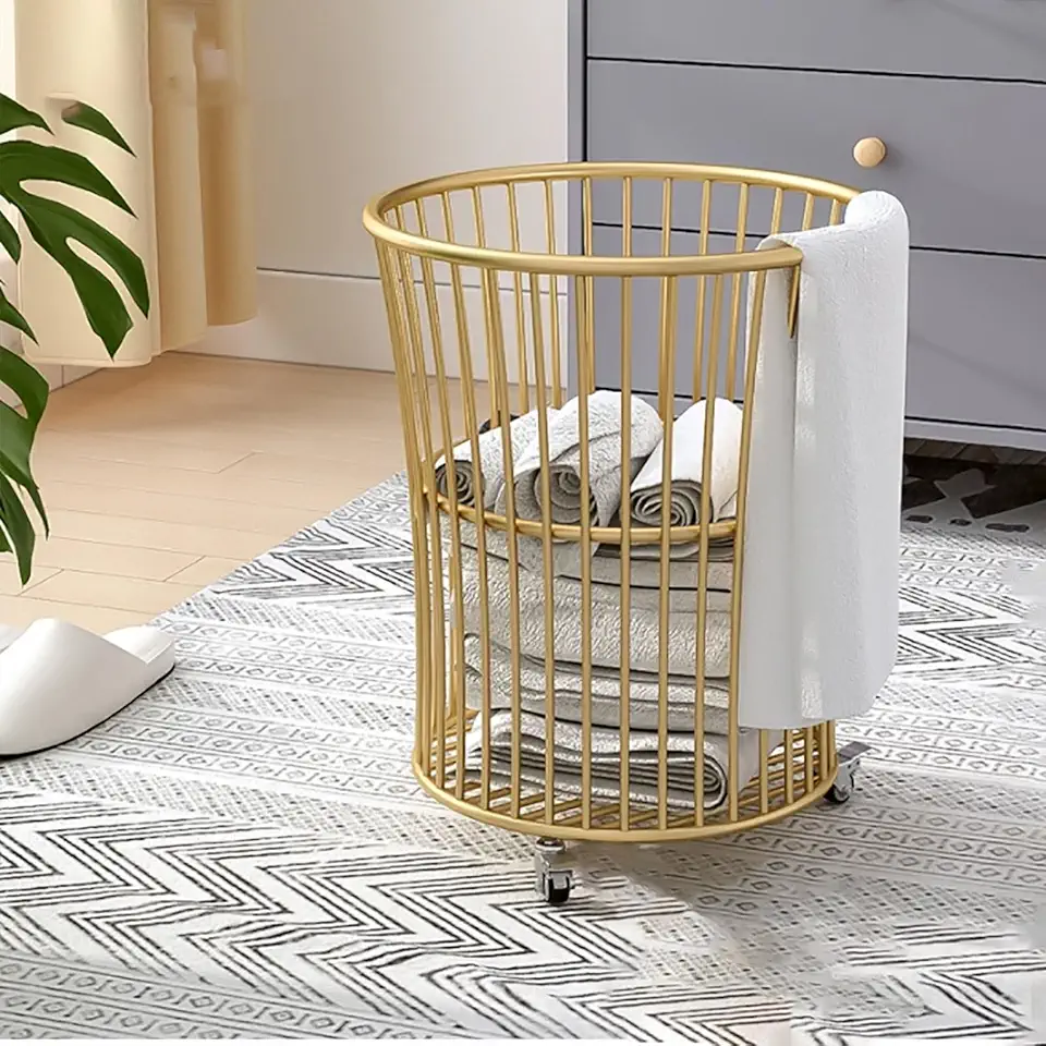 Metal Rolling Laundry Basket Cart - Gold Metal Basket with Wheels, Iron Dirty Clothes Basket for Bedroom Bathroom Laundry Room Gym Toy Room Yoga Room Storage, Toy Storage, Yoga mat Storage Rack