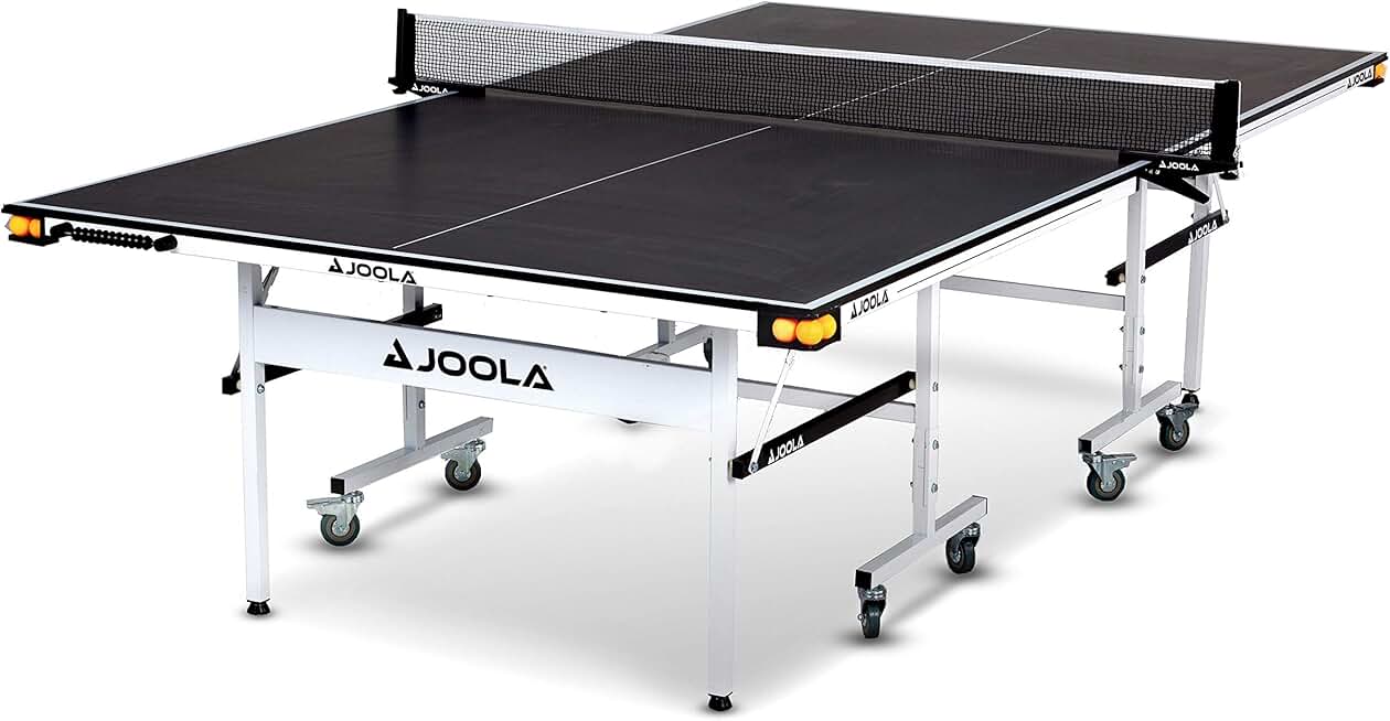 JOOLA Rally TL - Professional MDF Indoor Table Tennis Table w/Quick Clamp Ping Pong Net & Post Set - 10 Minute Easy Assembly - Corner Ball Holders - USATT Approved - Ping Pong Table w/Playback Mode