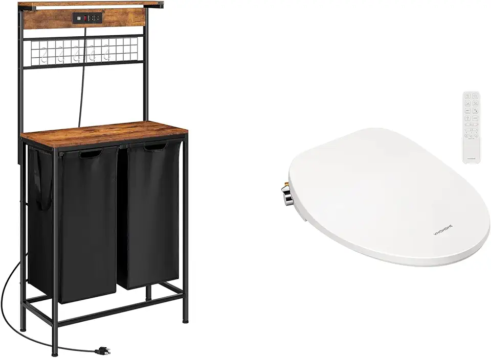 VIVOHOME Laundry Hamper with Power Outlet, Laundry Basket 2 Section, Laundry Sorter with Hooks, Shelf with VIVOHOME Smart Heated Bidet Toilet Seat with Remote Control, Self-Cleaning Dual Nozzles