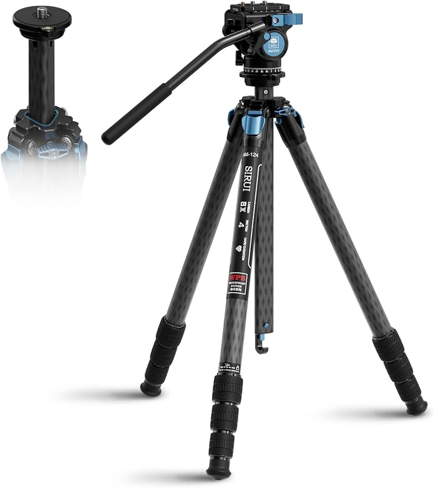 SIRUI AM-124 Carbon Fiber Tripod with AM-5VX Fluid Head, 65.6“ Compact Video Camera Tripod for Travel, Triangular Center Column, Side Loading QR Plate, Waterproof Twist Lock, Loads 6.6lbs