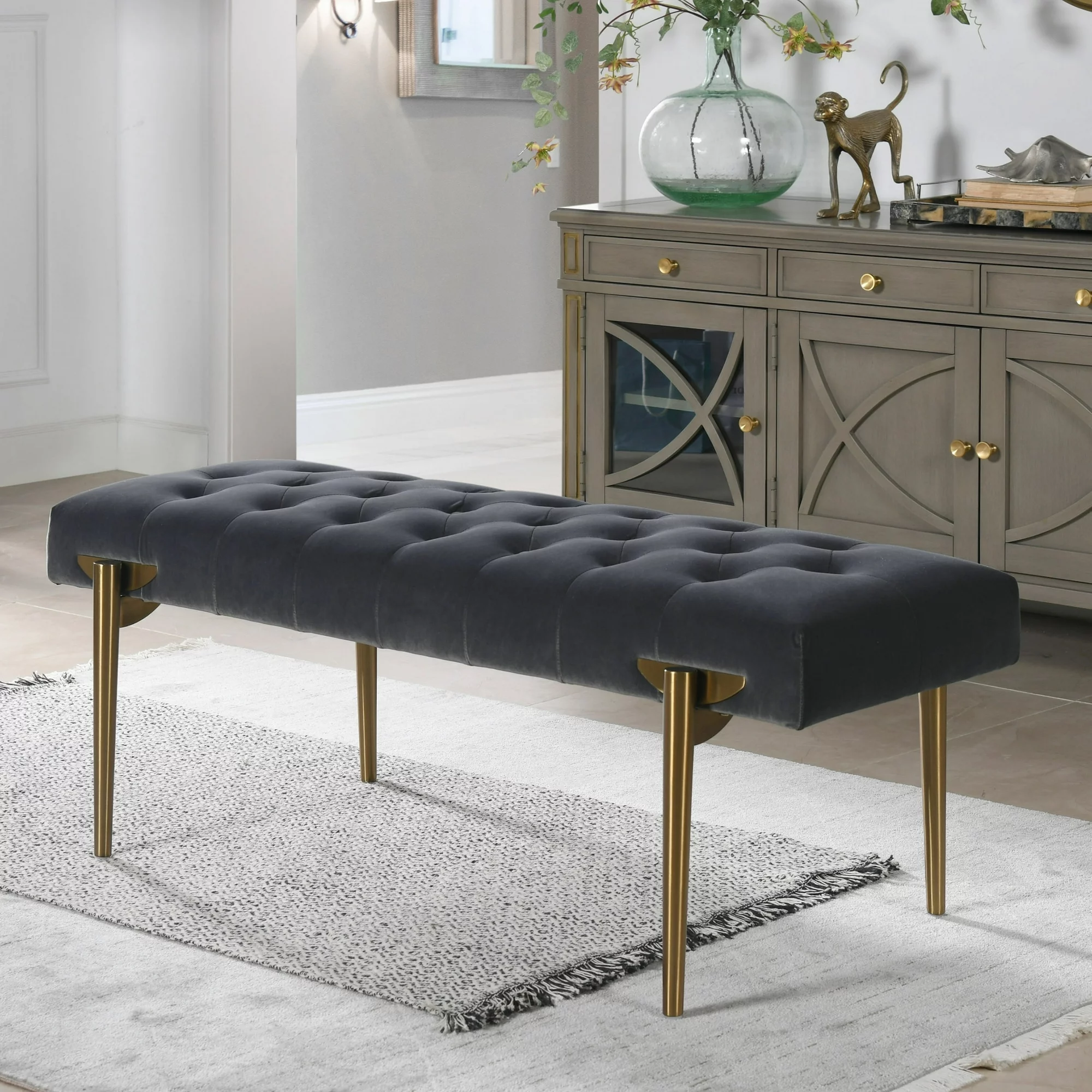 Jennifer Taylor Home Aria Upholstered Gold Accent Bench Steel Gray