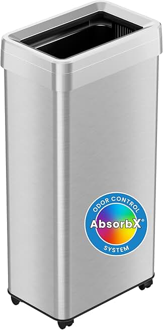 iTouchless 21 Gallon Open Top Kitchen Trash Can Recycling Bin with Wheels and Double Odor Filters Rectangular Commercial Stainless Steel 80 Liter Trashcan Home Office Work Bedroom Livingroom Garage