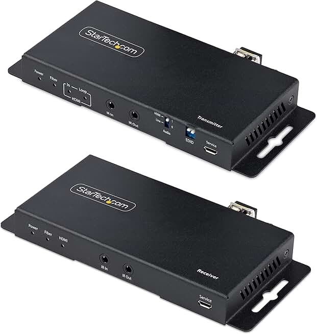 StarTech.com 4K HDMI Over Fiber Extender Kit, 4K 60Hz up to 3300ft (Single Mode) or 1000ft (Multimode) LC Fiber Optic, HDR, HDCP, Audio/RS232/IR Extender, Transmitter and Receiver Kit (ST121HD20FXA2)