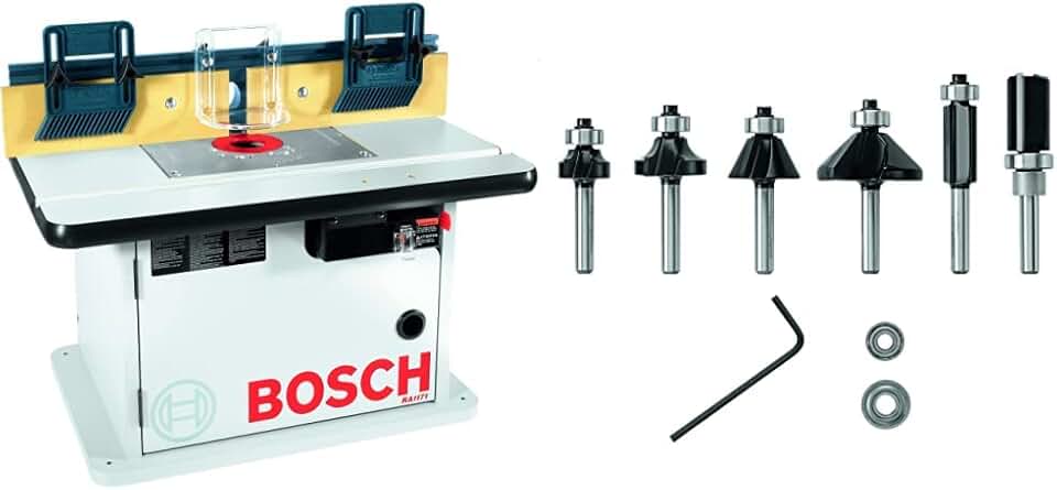 BOSCH Cabinet Style Router Table RA1171, Blue&BOSCH 6 pc. Carbide-Tipped Trim and Edging Router Bit Set