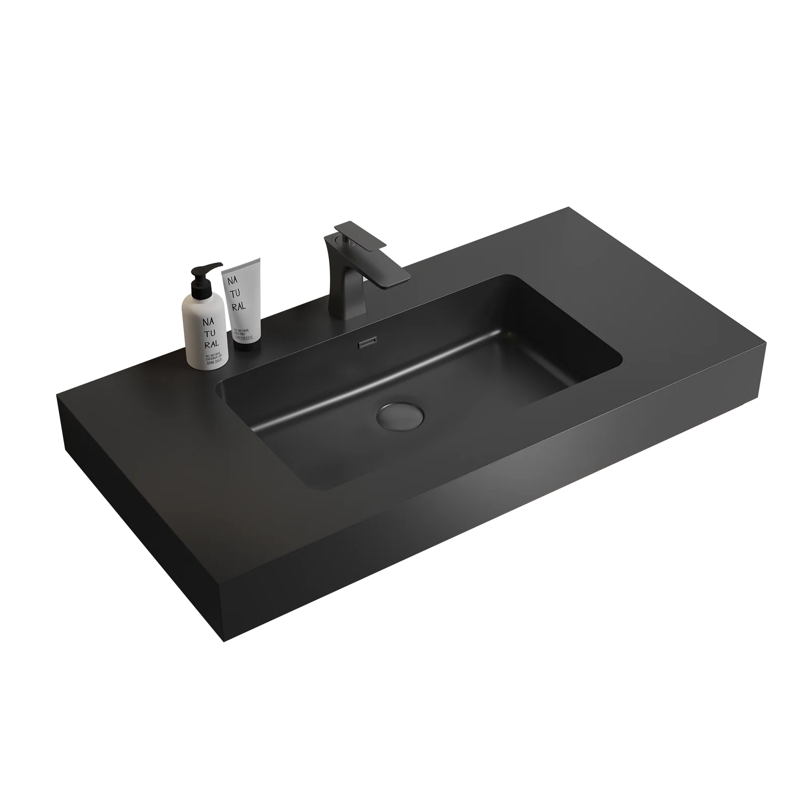 Integrated engineered quartz basin WITHOUT drain and faucet, matte black color