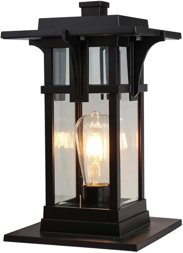 Creative Waterproof European Square Aluminum Column Headlight Outdoor Mount Glass Garden Patio Lawn Pedestal Light Columns Lamp Retro Landscape Villa Pillar Lantern Street Light E27 Lights Fixtu