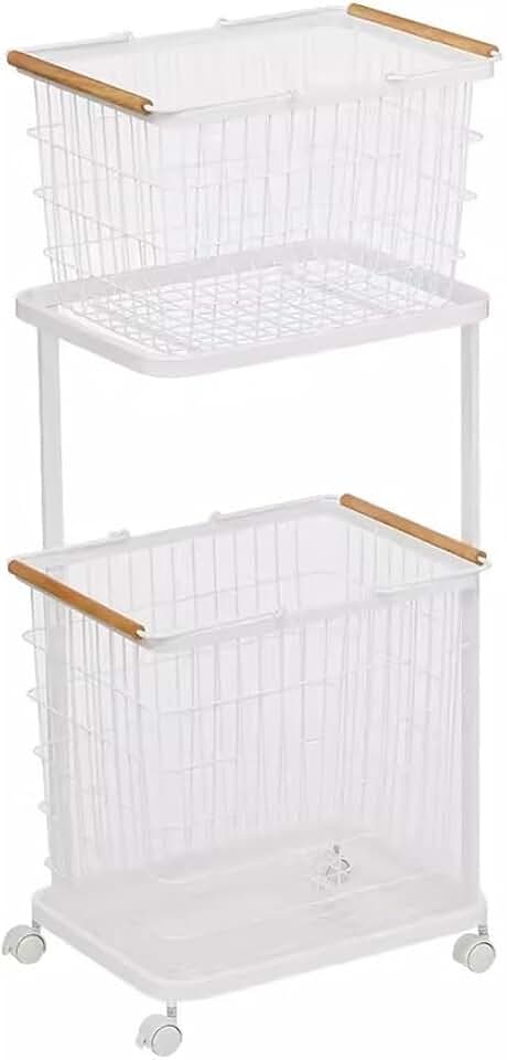 2 Tier Removable Laundry Basket, Square Metal Wire Bin Dirty Clothes Basket Hamper with Handle, Rolling Laundry Basket, Laundry Sorter Organizer Rack for Bathroom, Bedroom or Kids Room