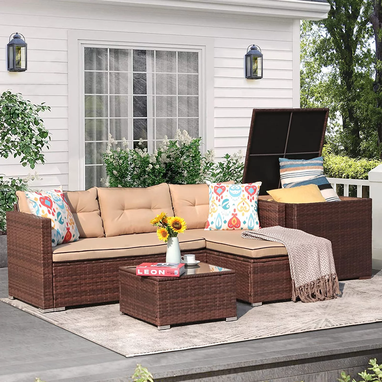 Patio Furniture Set, Outdoor Small Sectional Sofa Set with Storage Box, Patio PE Rattan Conversation Set, All Weather Brown Wicker Couch with Tempered Glass Coffee Table, Beige