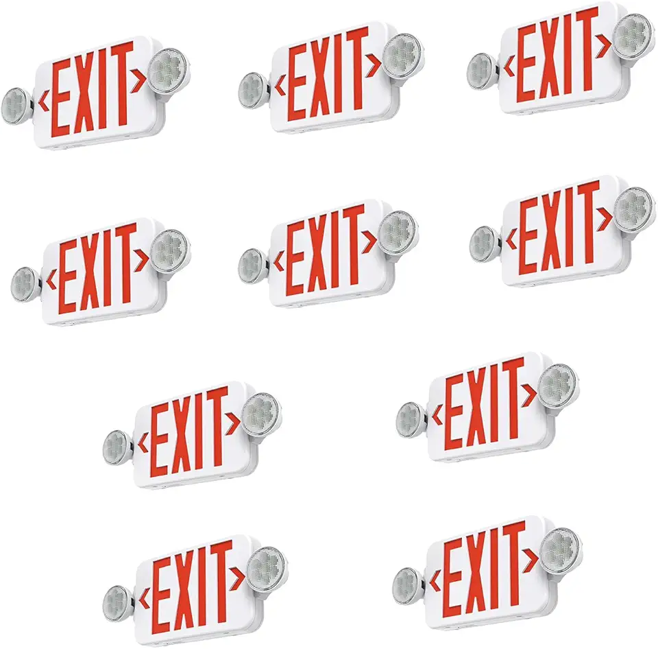 10 Pack Red Led Exit Sign Emergency Light Combo Adjustable Two Head, Double Sided and Battery Backup Exit Light, Contractor Select, AC 120/277V