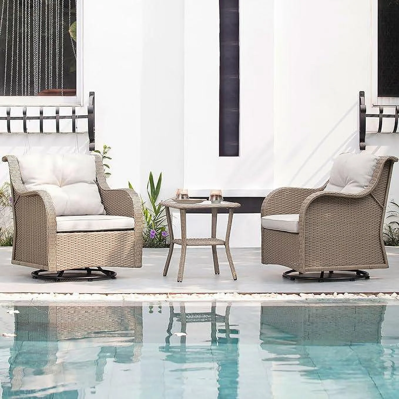 Outdoor 3-Piece Swivel Chairs & Side Table Patio Set  Handmade Rattan Bistro Set with Premium Cushions