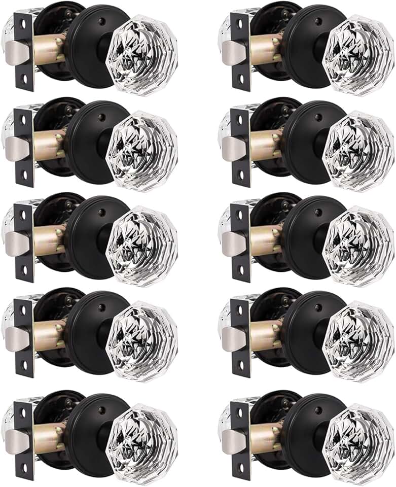 Gobrico 10 Pack Crystal Doorknobs for Bedroom Bathroom,Diamond Glass Interior Door Locks in Matte Black,Octagonal Privacy Knobs Door Handles with Classic Rosette,Thumb-turn Button inside
