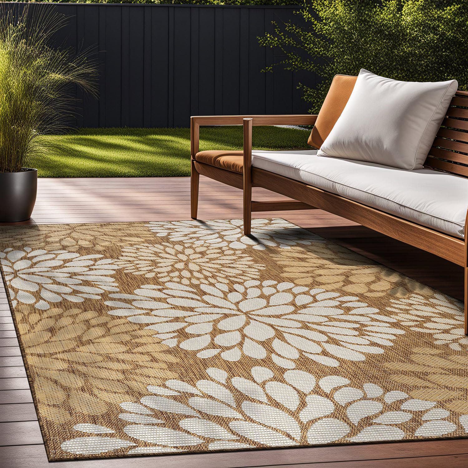 Outdoor Rug 9x12 Modern Exotic Tropical Leaf Area Rugs for Indoor and Outdoor Patio Deck Porch Garden Water Resistant Washable Outside Carpet (9 x 12 Wooden)