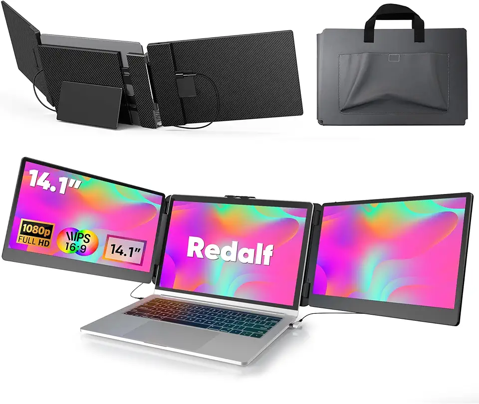 Laptop Screen Monitor Extender, 1080P FHD Triple Portable Monitor Build-in Stand & Dual Speakers Fit for 13''-16.1'' Laptop, Plug and Play, Compatible with Windows (14