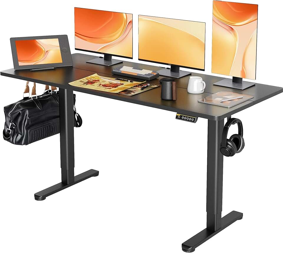 Electric Standing Desk, Adjustable Height Stand up Desk, 63x24 Inches Sit Stand Home Office Desk with Splice Board, Black Frame/Black Top