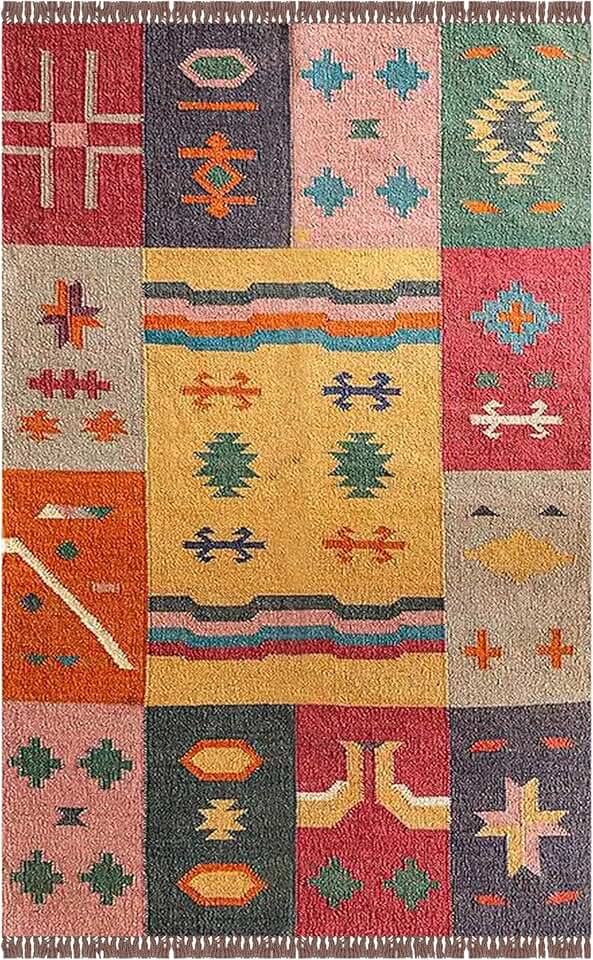 Square Kilim Rug 6 Durable Square Mat Square Area Rug Multicolor Handmade Area Rugs for Hall Room Patio Kilim Hand Woven Rug Flatweave Wool Jute Area Rug Indoor Outdoor Use Rugs