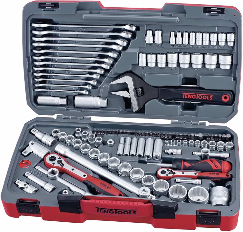 Teng Tools 127 Piece 1/4, 3/8 & 1/2 Drive Metric & SAE Regular/Shallow & Deep Socket Set - TM127, Silver