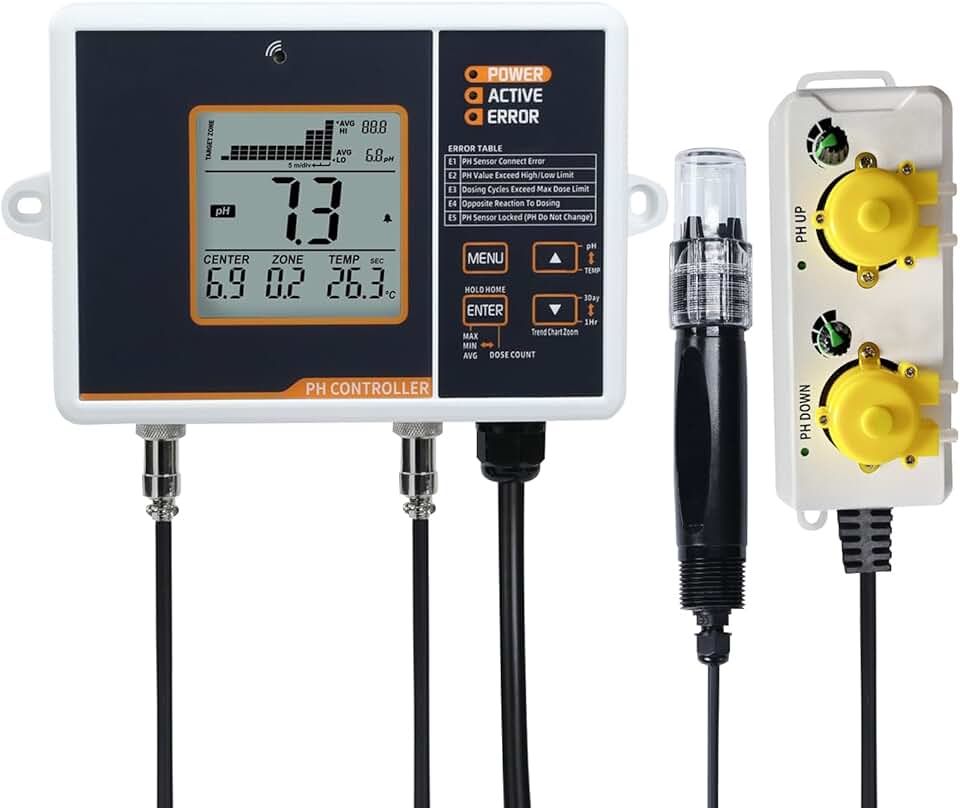pH Controller with Temperature Compensation for Hydroponic System, Dual Relay Digital pH Monitor with Dosing Pump & Dual Relay Output, Hydroponic Growing Kits pH Meter for Indoor Plant Grow, Aquarium