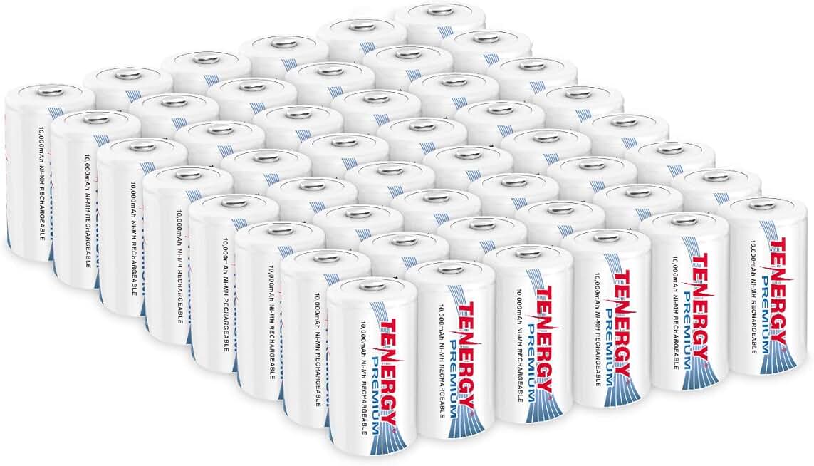 Tenergy Premium D Size 10,000mAh High Capacity High Rate NiMH Rechargeable Battery - UL Certified, 48 Pack