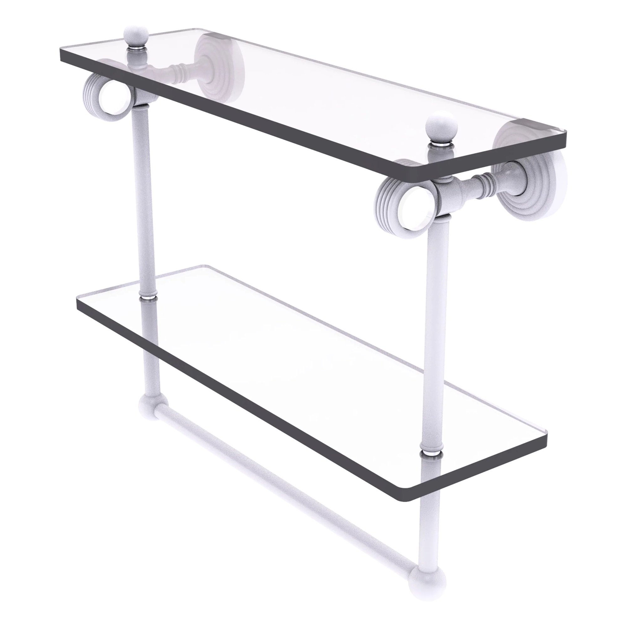 Pacific Grove Collection Double Glass Shelf  with Towel Bar with Grooved Accents - Matte White / 16 Inch