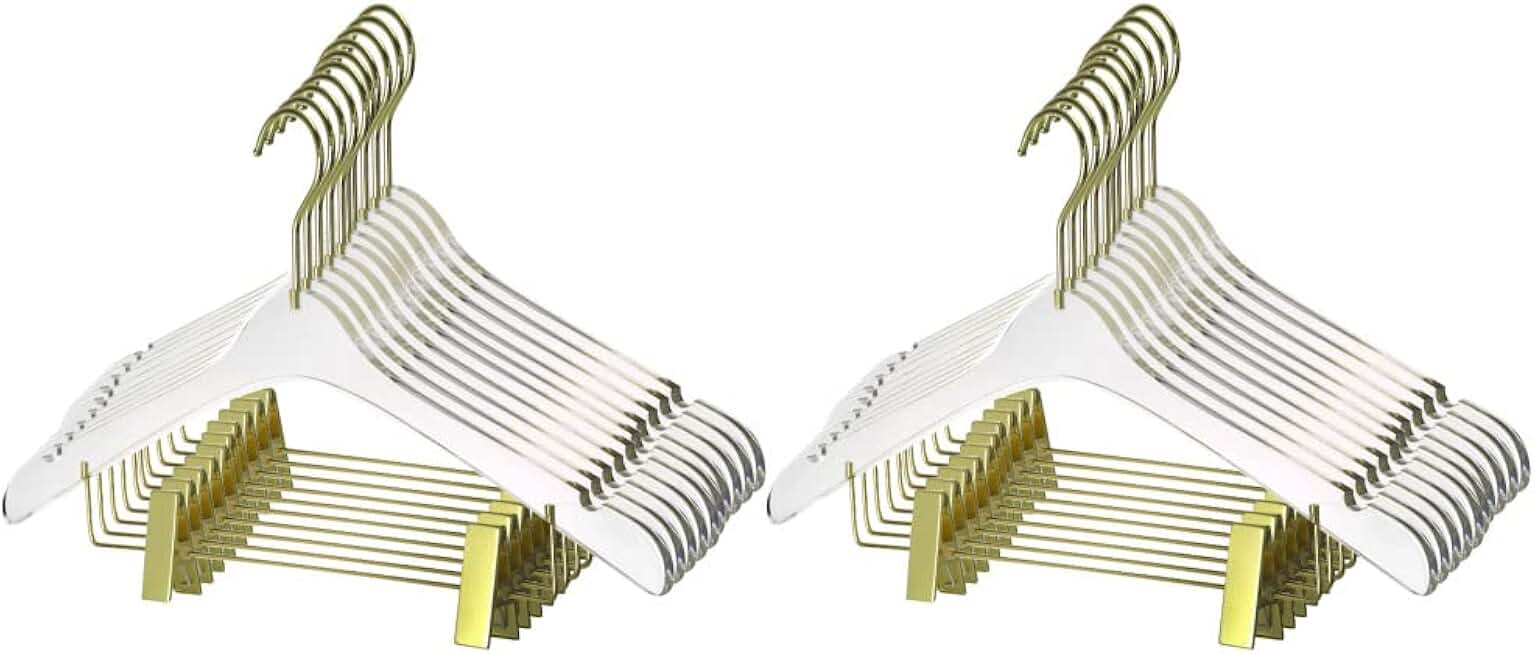 YBM Home Quality Acrylic Clear Hangers with Clips Made of Clear Acrylic for a Luxurious Look and Feel for Wardrobe Closet, Clothes Hangers Organizes Closet, Men, Gold, 4105-20