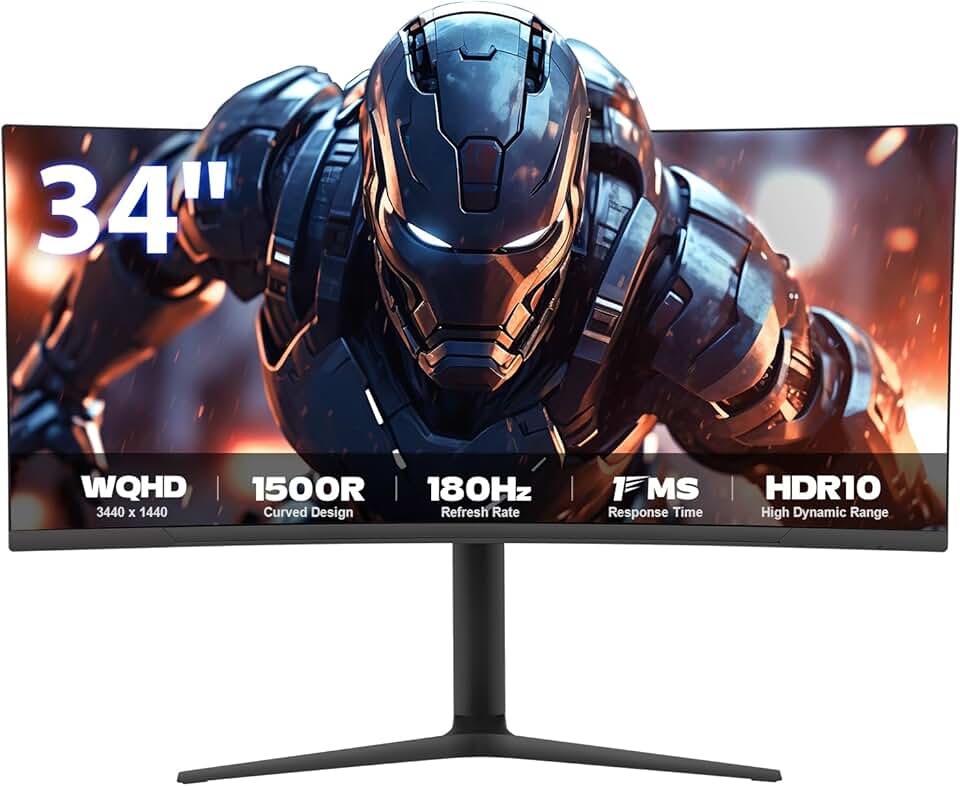 34 inch Gaming Monitor WQHD(3440 x 1440) 1500R Curved PC Monitor, 180Hz Refresh, RGB 126%, 4000:1 Contrast Ratio, Adaptive Sync, Height/Swivel/Tilt Adjustable Monitor, HDMI Display Port