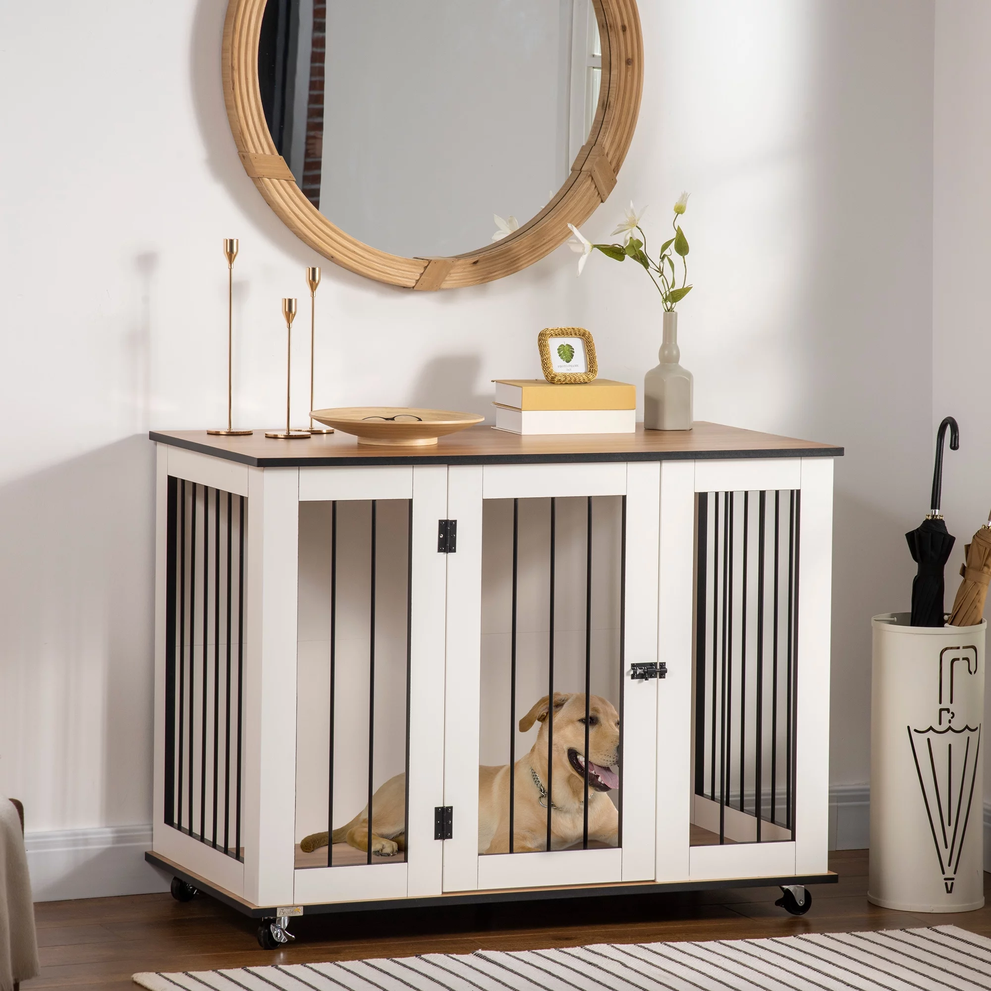 PawHut Modern Dog Crate End Table on Wheels, Dog Crate Furniture, White