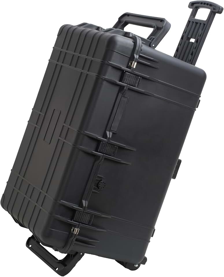 MEIJIA Portable Waterproof Protective Case,Hard Camera Case With Retractable Pull Handle And Rolling Wheels,Customizable Fit Foam Inserted,Elegant Black, 31.3