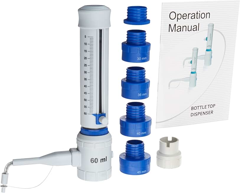 United Scientific BTDR-5, Bottle Top Dispenser (5-60ml) | Chemical Compatible Bottle Dispenser | 1 Each, White, Blue