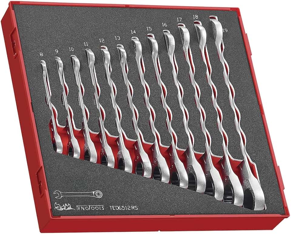 Teng Tools 12 Piece Ratcheting Combination Wrench Set In EVA/Foam Tray 8mm - 19mm - TED6512RS, Silver