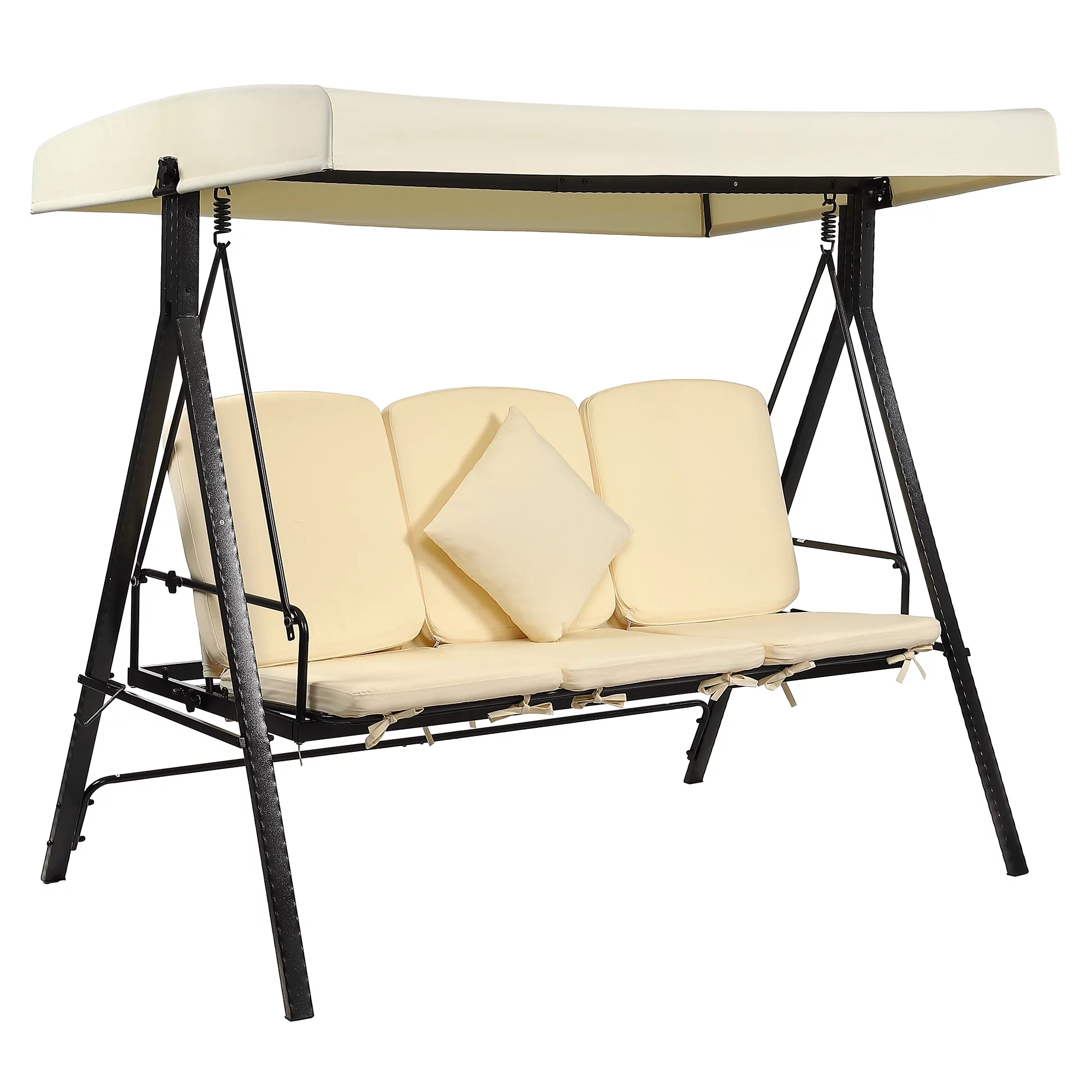 Patio Swing Chair, 2 in 1 Patio Swing Bed, 3-Seat Outdoor Porch Swing with Weather Resistant Steel Frame, Adjustable Waterproof Canopy, Cushions and Pillow, for Backyard