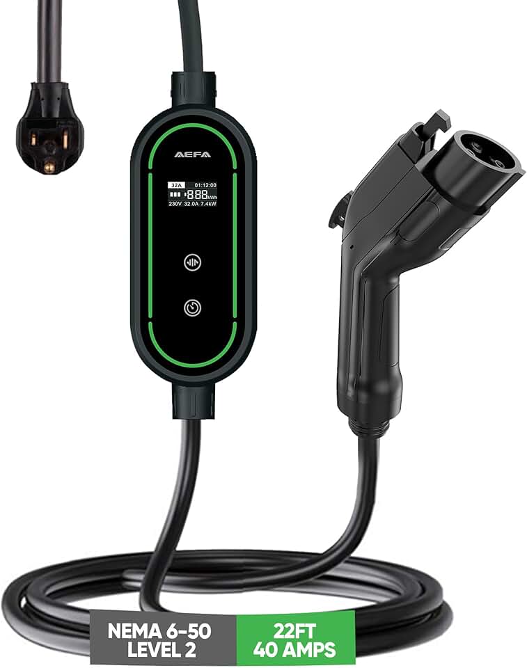 AEFA - NEMA 6-50 - 40 AMP EV Charger Level 2-22 FT - Adjustable AMP - Compatible w/All J1772 EVs - Portable Delayed Charging, Electric Vehicle Charger