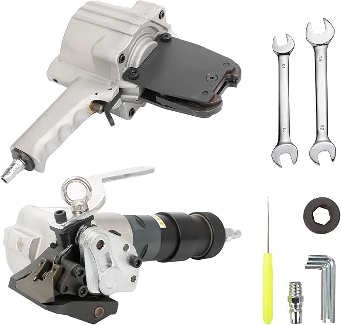Pneumatic Steel Strapping Machine for 1.25in Width Metal Belt, Heavy Duty Air Combined Split Banding Tool, Tensioner and Cutter Sealer for High Tensile Packaging