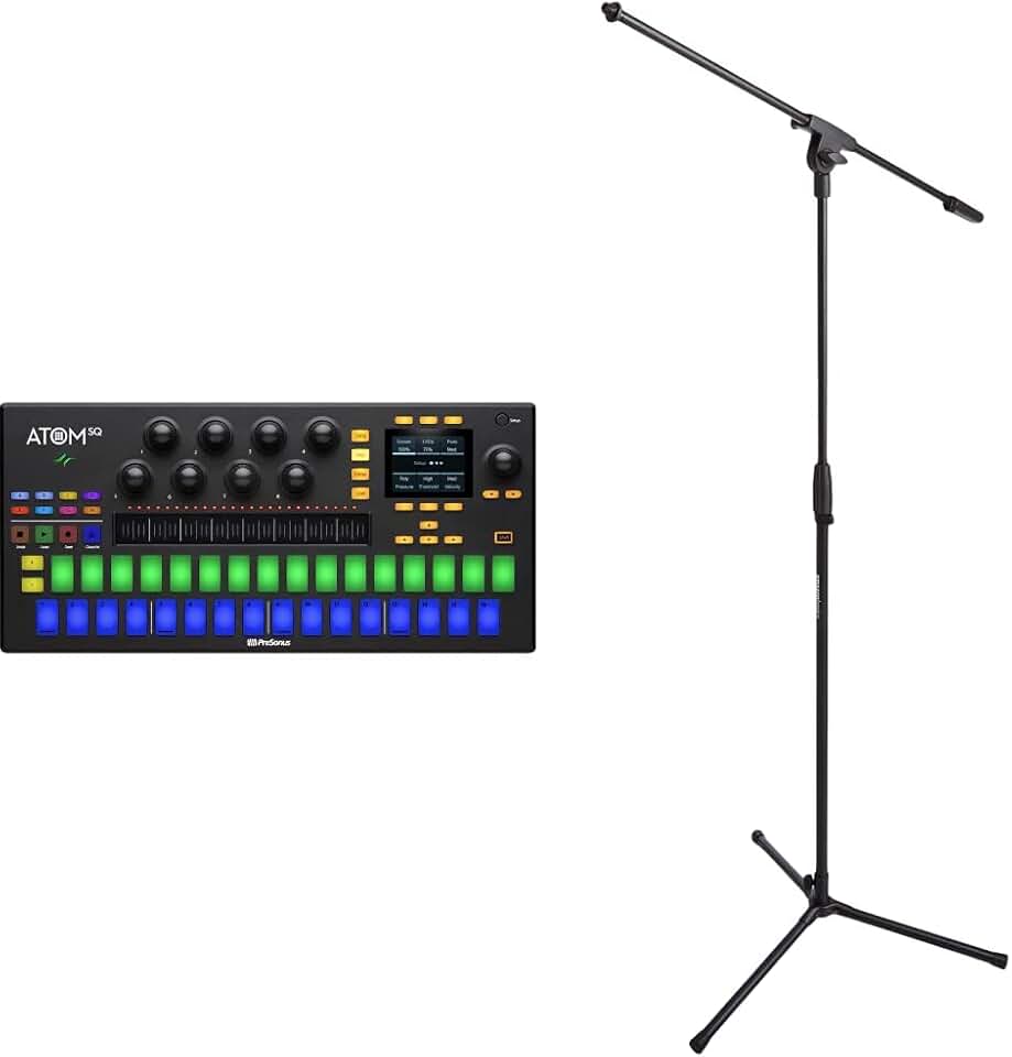 PreSonus ATOM SQ Hybrid MIDI Keyboard/Pad Performance and Production Controller & Amazon Basics Adjustable Boom Height Microphone Stand with Tripod Base, Up to 85.75 Inches - Black