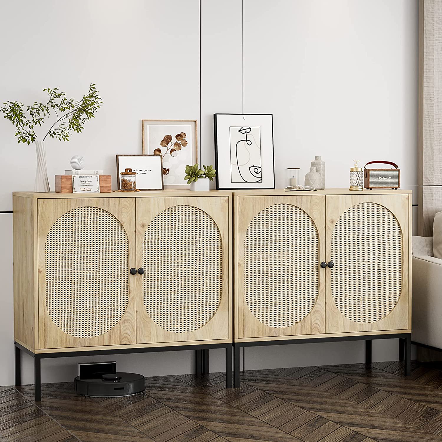 IKIFLY Set of 2 Accent Storage Cabinet with Handmade Natural Rattan Doors - Rattan Sideboard Buffet Cabinet - Kitchen Cupboard Server Console Table for Dining Room, Bedroom, Hallway - Natural
